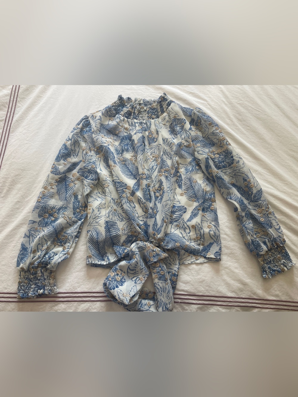 Blue Floral Tie-Front Smocked Neck Blouse